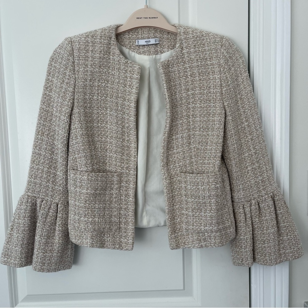 Mango Cream and White Tweed Blazer with Bell Sleeves